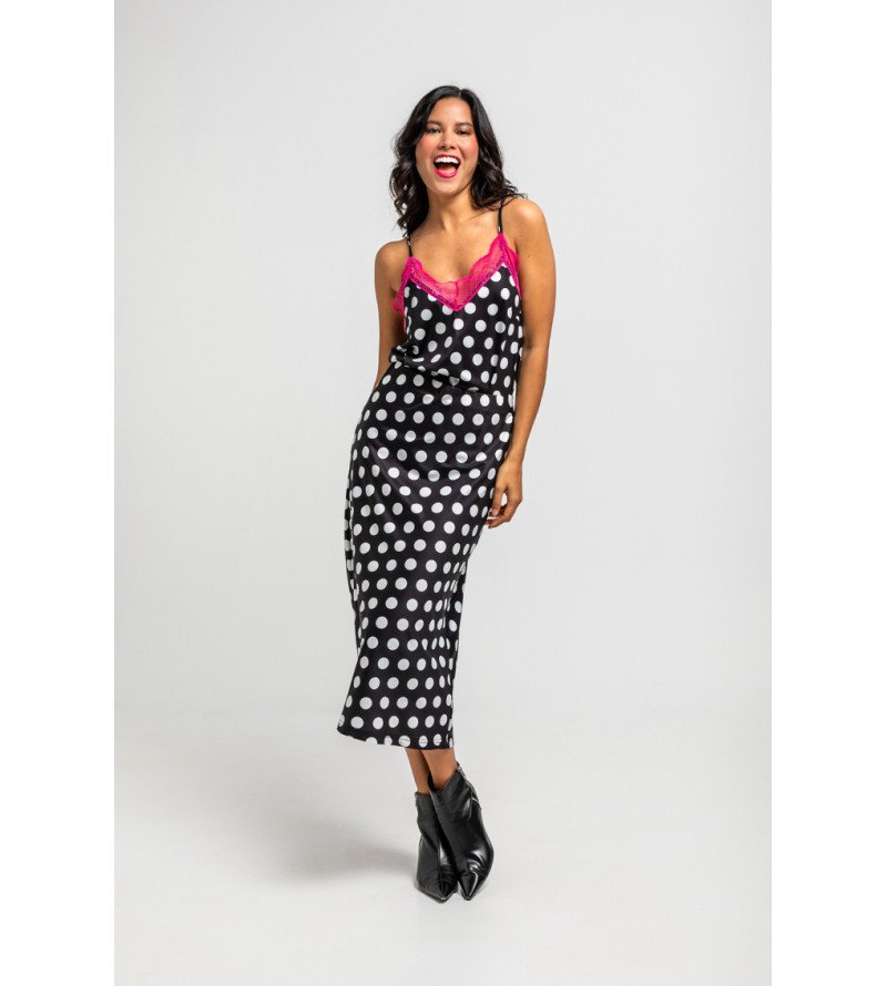 Falda evasé midi de topos blanco y negro Guapa