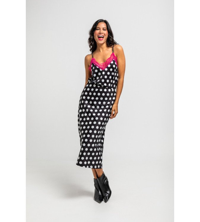 Falda evasé midi de topos blanco y negro Guapa