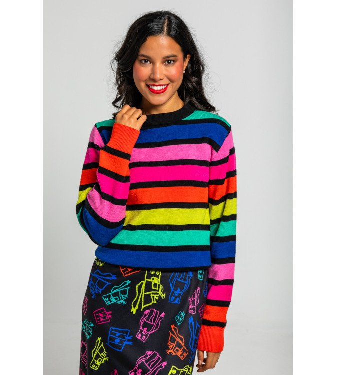 Suéter ajustado de rayas multicolor con diseño divertido We Are Connected