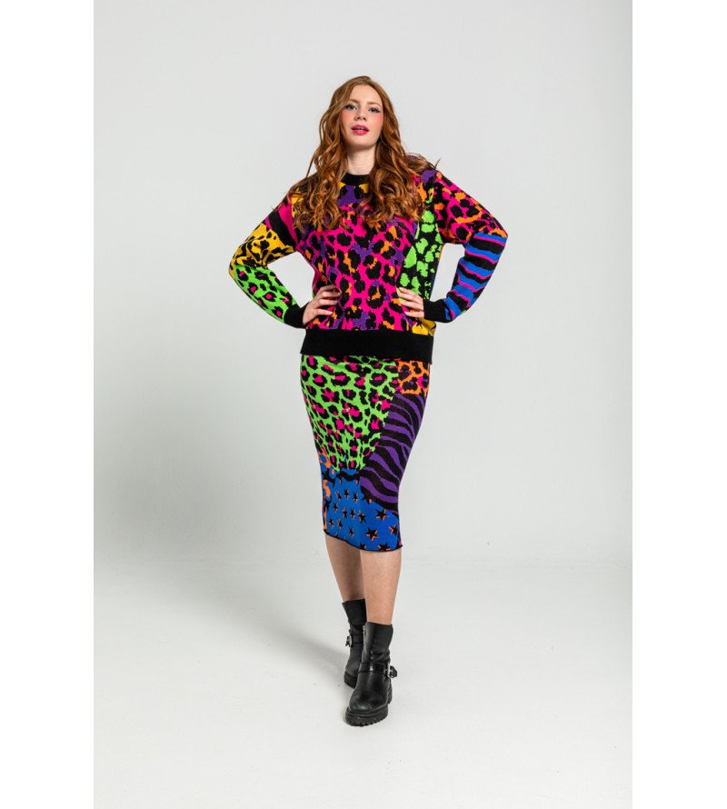 Falda de punto multicolor con estampado animal print – Lolina Caótica