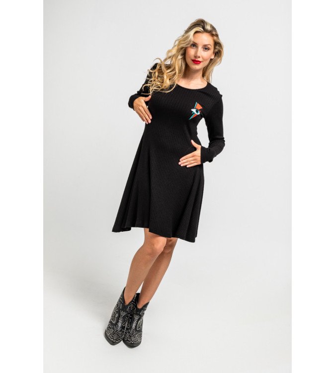 Vestido mini negro de canalé con rayo y ojo bordado – Lolina Let’s Dance