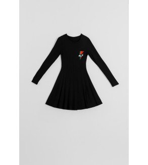 Vestido mini negro de canalé con rayo y ojo bordado – Lolina Let’s Dance