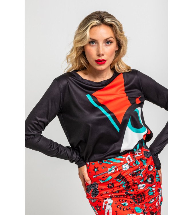 Camiseta negra con estampado de rayo y ojo estilo Bowie – Lolina Let’s Dance