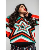 Suéter de punto con estampado de estrellas Bowie en tonos rojo, verde y negro – Lolina Starwoman