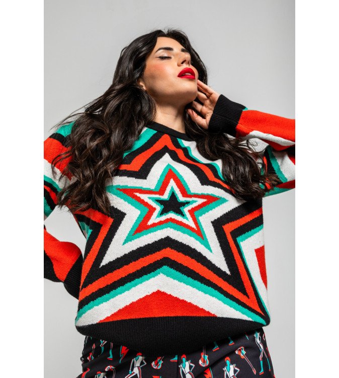 Suéter de punto con estampado de estrellas Bowie en tonos rojo, verde y negro – Lolina Starwoman