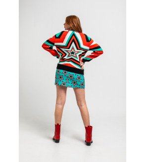 Suéter de punto con estampado de estrellas Bowie en tonos rojo, verde y negro – Lolina Starwoman