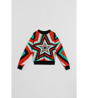 Suéter de punto con estampado de estrellas Bowie en tonos rojo, verde y negro – Lolina Starwoman