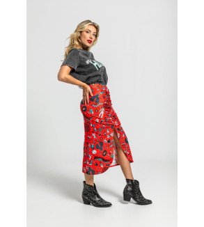 Falda midi roja con drapeado central y estampado Bowie – Lolina We Can Be Heroes