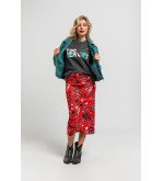 Falda midi roja con drapeado central y estampado Bowie – Lolina We Can Be Heroes