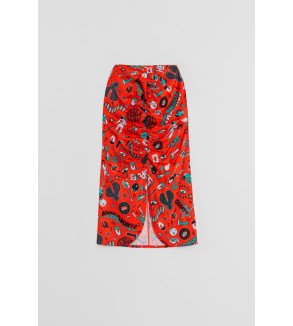 Falda midi roja con drapeado central y estampado Bowie – Lolina We Can Be Heroes
