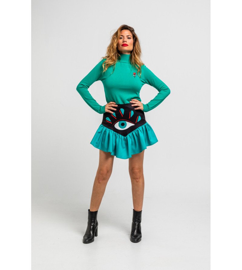 Suéter fino turquesa con bordado de rayo y ojo Bowie – Lolina We Can Be Heroes