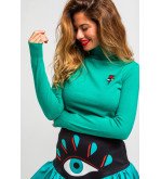 Suéter fino turquesa con bordado de rayo y ojo Bowie – Lolina We Can Be Heroes