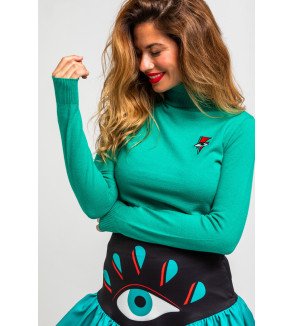 Suéter fino turquesa con bordado de rayo y ojo Bowie – Lolina We Can Be Heroes