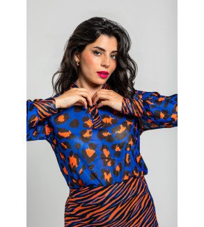 Camiseta tipo polo con estampado variado animal print azul y naranja – Lolina Caótica