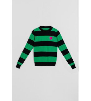 Suéter ajustado verde con rayas negras y corazón fucsia – Lolina Más rara que un perro verde