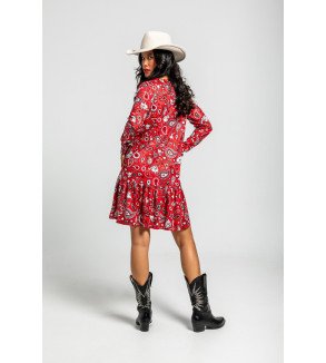 Vestido corto rojo con estampado paisley y volante – Lolina Alma Libre