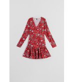 Vestido corto rojo con estampado paisley y volante – Lolina Alma Libre