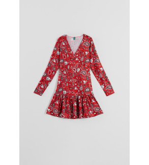 Vestido corto rojo con estampado paisley y volante – Lolina Alma Libre