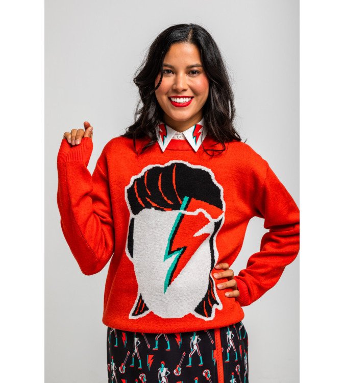 Suéter rojo tejido con estampado Bowie y rayo – Lolina Let’s Dance
