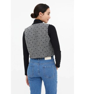 Chaleco tweed gris con estampado de corazones negros – Compañía Fantástica