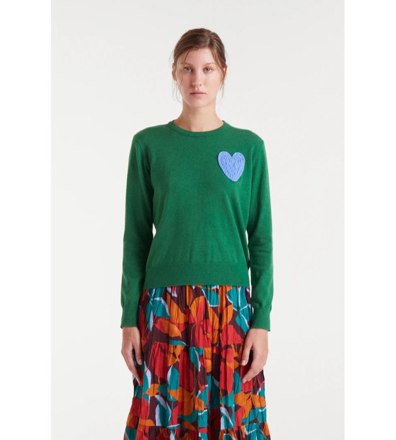 Jersey verde de punto con corazón azul bordado – Compañía Fantástica